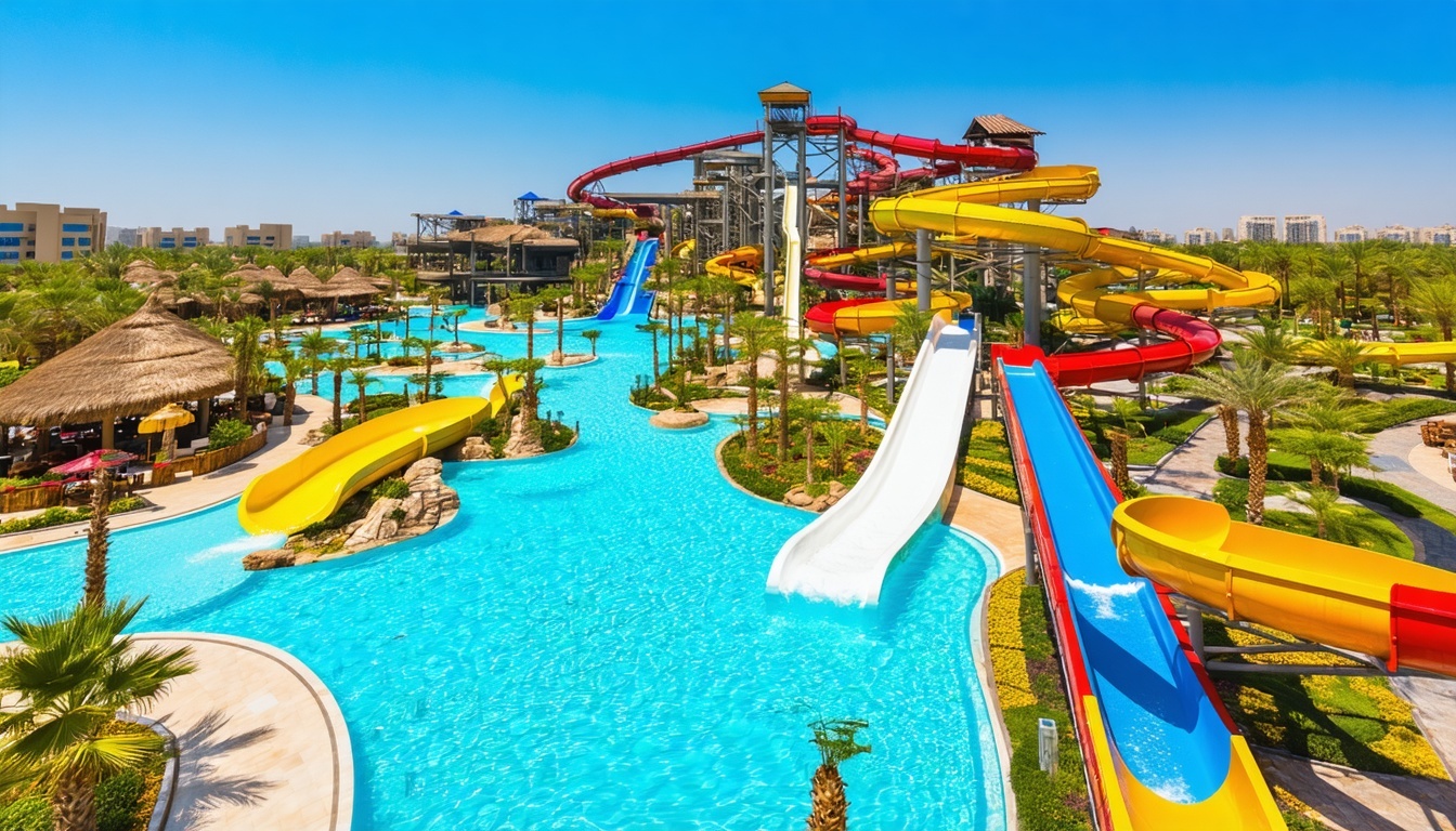 Aerial view of Aquaventure World Dubai waterpark with slides and pools