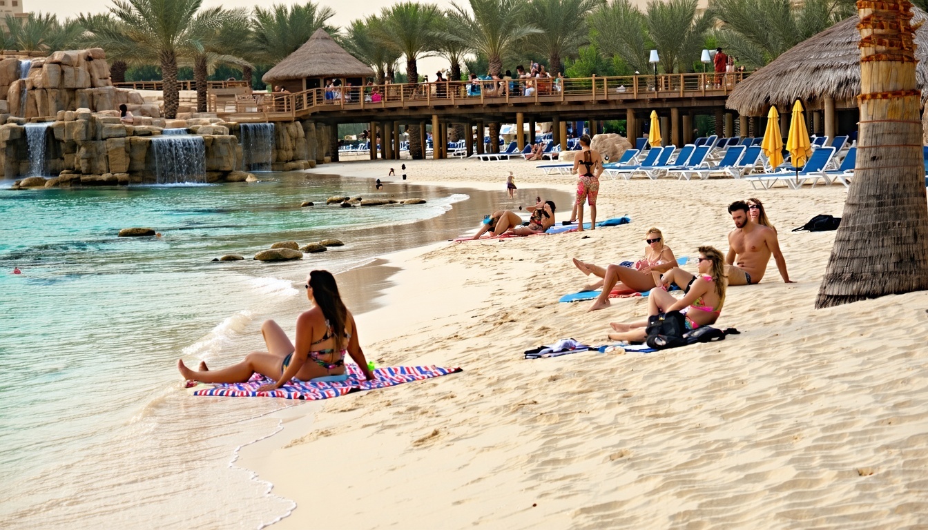Guests relaxing on the private beach at Aquaventure World Dubai