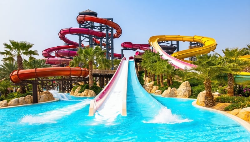 A breathtaking view of Aquaventure World Dubai showcasing water slides and aquatic attractions. A breathtaking view of Aquaventure World Dubai showcasing water slides and aquatic attractions.
