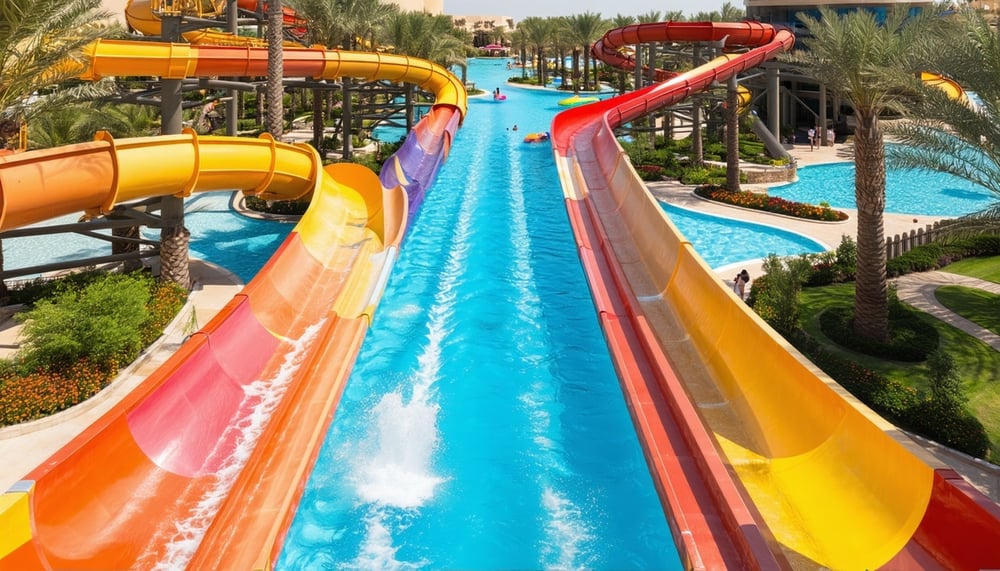 Aerial view of Aquaventure World Dubai showing thrilling water slides and vibrant pools Aerial view of Aquaventure World Dubai showing thrilling water slides and vibrant pools